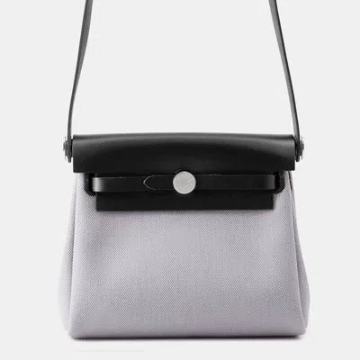 Pre-owned Hermes Herbag Zip Black/gray Pantan Toile Military Vache Hunter Leather Size Mini