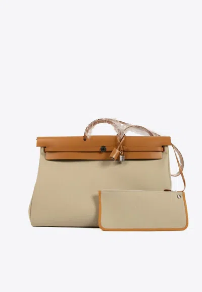 Hermes Herbag Zip Cabine Bag In Beton Toile And Naturel Sable Leather With Palladium Hardware
