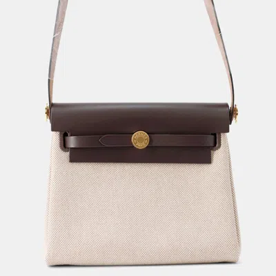 Pre-owned Hermes Herbag Zip Ecru/ebene Toile Military Vache Hunter Leather Size Mini In Sand