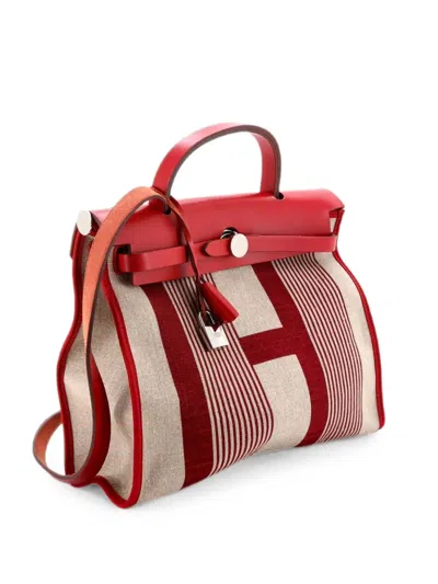Pre-owned Hermes Herbag Zip H Vibration Toile And Leather 31 Shoulder Bag In Red