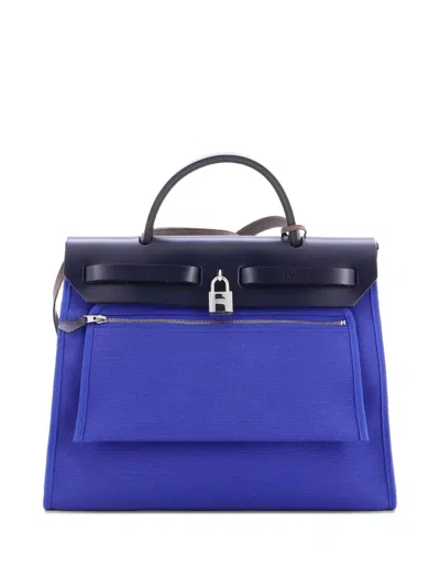 Pre-owned Hermes Herbag Zip Leather And Toile 31 Shoulder Bag In Blue