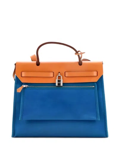 Pre-owned Hermes Herbag Zip Leather And Toile 31 Shoulder Bag In Blue