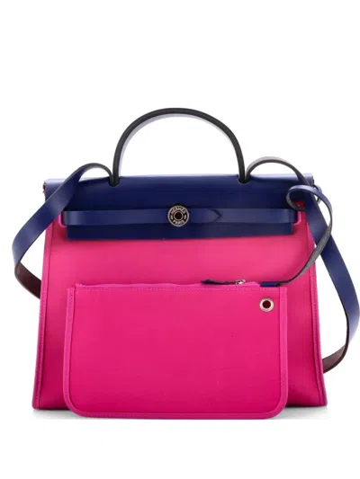 Pre-owned Hermes Herbag Zip Leather And Toile 31 Shoulder Bag In Blue