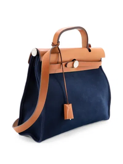 Pre-owned Hermes Herbag Zip Leather And Toile 31 Shoulder Bag In Blue
