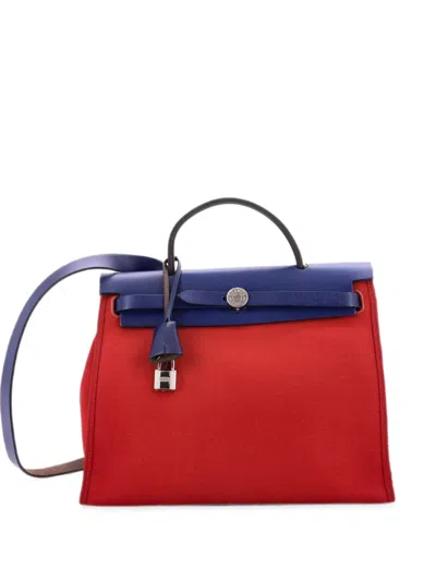 Pre-owned Hermes Herbag Zip Leather And Toile 31 Shoulder Bag In Blue