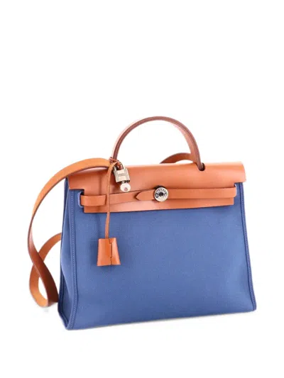 Pre-owned Hermes Herbag Zip Leather And Toile 31 Shoulder Bag In Blue