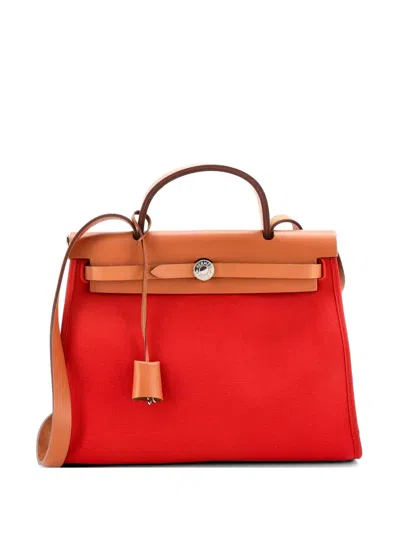 Pre-owned Hermes Herbag Zip Leather And Toile 31 Shoulder Bag In Brown