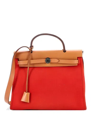 Pre-owned Hermes Herbag Zip Leather And Toile 31 Shoulder Bag In Brown