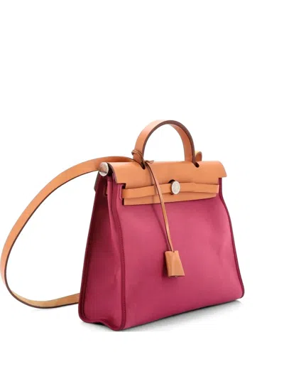 Pre-owned Hermes Herbag Zip Leather And Toile 31 Shoulder Bag In Brown