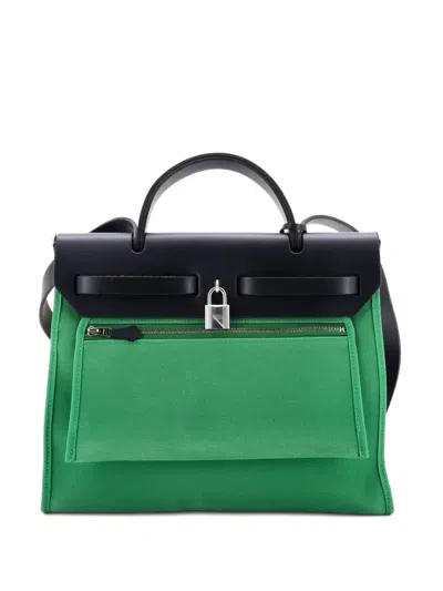 Pre-owned Hermes Herbag Zip Leather And Toile 31 Shoulder Bag In Green