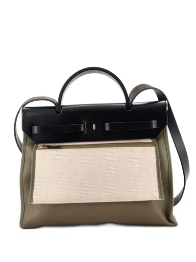 Pre-owned Hermes Herbag Zip Leather And Toile 31 Shoulder Bag In Green