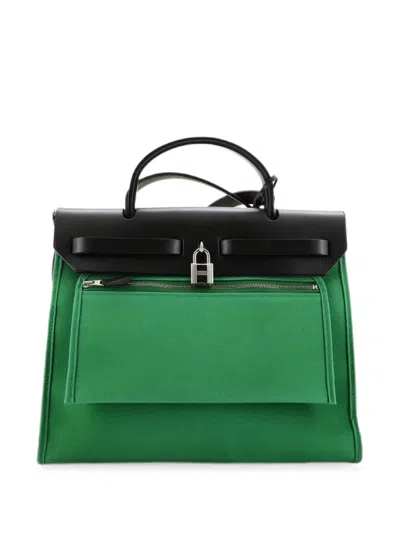 Pre-owned Hermes Herbag Zip Leather And Toile 31 Shoulder Bag In Green