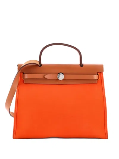 Pre-owned Hermes Herbag Zip Leather And Toile 31 Shoulder Bag In Orange