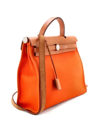 Pre-owned Hermes Herbag Zip Leather And Toile 31 Shoulder Bag In Orange