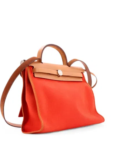 Pre-owned Hermes Herbag Zip Leather And Toile 31 Shoulder Bag In Orange