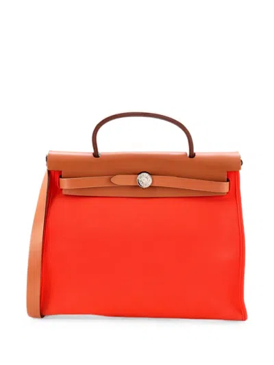 Pre-owned Hermes Herbag Zip Leather And Toile 31 Shoulder Bag In Orange