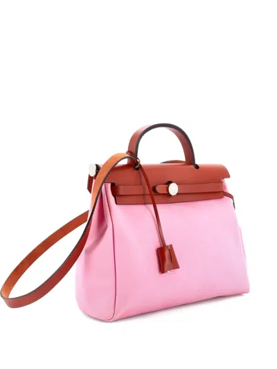 Pre-owned Hermes Herbag Zip Leather And Toile 31 Shoulder Bag In Pink