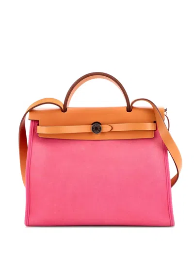 Pre-owned Hermes Herbag Zip Leather And Toile 31 Shoulder Bag In Pink