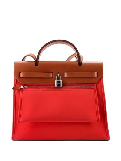 Pre-owned Hermes Herbag Zip Leather And Toile 31 Shoulder Bag In Pink