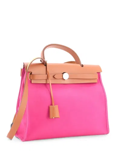 Pre-owned Hermes Herbag Zip Leather And Toile 31 Shoulder Bag In Pink
