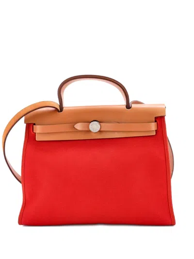 Pre-owned Hermes Herbag Zip Leather And Toile 31 Shoulder Bag In Red