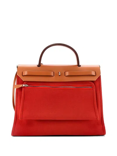 Pre-owned Hermes Herbag Zip Leather And Toile 31 Shoulder Bag In Red