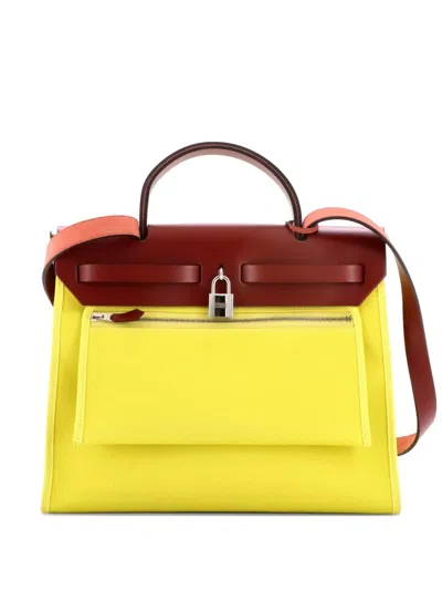Pre-owned Hermes Herbag Zip Leather And Toile 31 Shoulder Bag In Red