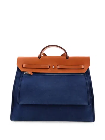 Pre-owned Hermes Herbag Zip Leather And Toile 39 Satchel In Blue