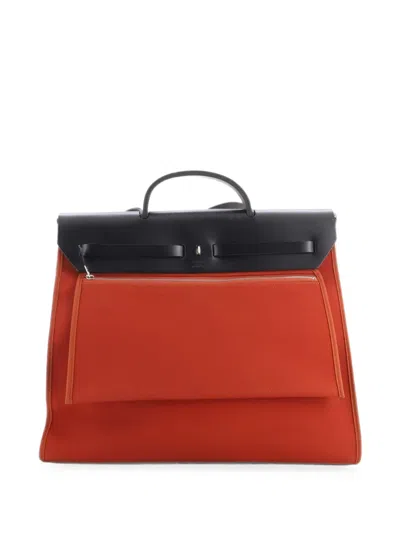 Pre-owned Hermes Herbag Zip Leather And Toile 39 Satchel In Brown
