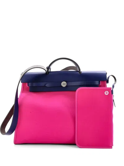 Pre-owned Hermes Herbag Zip Leather And Toile 39 Satchel In Pink