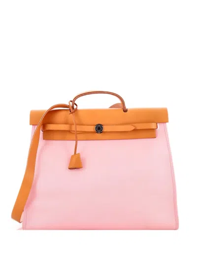 Pre-owned Hermes Herbag Zip Leather And Toile 39 Satchel In Pink