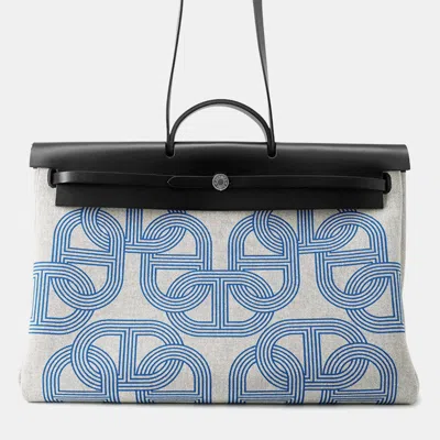 Pre-owned Hermes Herbag Zip Letournet Cabin Ecru/blue Zellige/black Toile Military Vache Hunter Leather Size 50