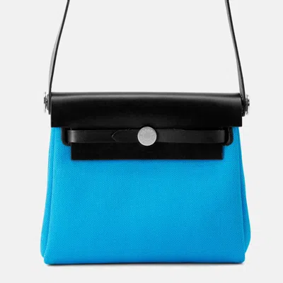 Pre-owned Hermes Herbag Zip Mini Blue Riviera/black Toile Military Vache Hunter Leather Bag