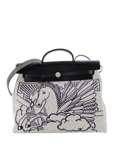 Pre-owned Hermes Herbag Zip Pegase Pop Toile And Leather 39 Shoulder Bag In Black