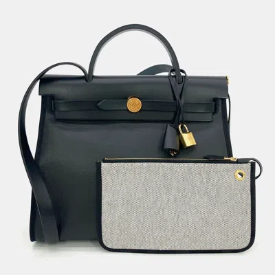 Pre-owned Hermes Herbag Zip Pm 31 Toile H Berline Vache Hunter Black Ecru
