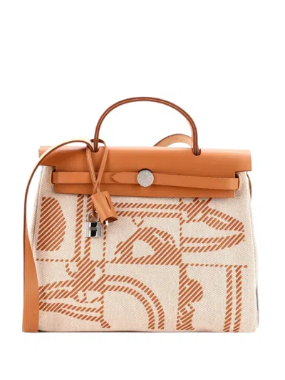 Pre-owned Hermes Herbag Zip Relief Brides De Gala Toile And Leather 31 Shoulder Bag In Brown