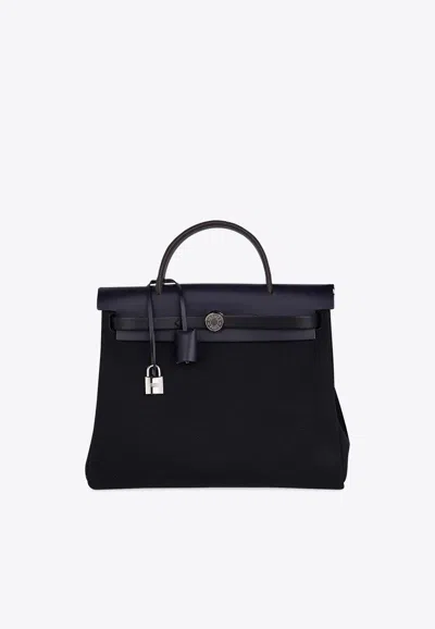 Hermes Herbag Zip Retourne 31 In Black Toile And Blue Indigo Vache Hunter With Palladium Hardware