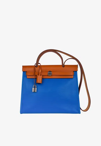 Pre-owned Hermes Herbag Zip Retourne 31 In Blue Frida Toile Berline And Vache Naturelle With Palladium Hardware