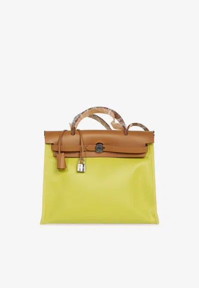 Pre-owned Hermes Herbag Zip Retourne 31 In Lime Toile Berline And Natural Sable Vache Hunter With Palladium Hardware