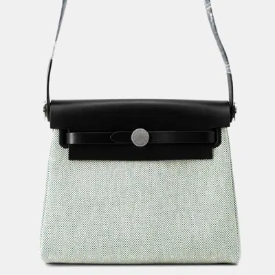 Pre-owned Hermes Herbag Zip Size Mini Ecru/black Toile Military Vache Hunter Leather Bag In Sand