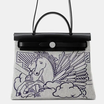 Pre-owned Hermes Herbag Zip Size Pm Pegasus Pop Black/blue Indigo/ecru Toile H Vache Hunter Leather