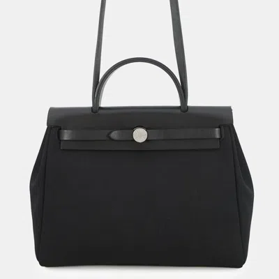 Pre-owned Hermes Herbag Zip Spo Black Toile Officier Vache Hunter Leather Size Pm