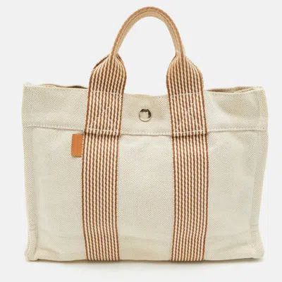 Pre-owned Hermes Herline New Fourre Tout Pm Beige/brown Toile Canvas Tote In Sand