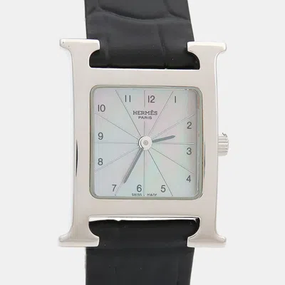 Pre-owned Hermes Heure H Hh1.210 Quartz Mother Of Pearl Stainless Steel Womens Wristwatch 21 Mm In White
