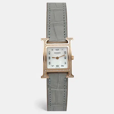 Pre-owned Hermes Heure H Hh1.273 Mother Of Pearl Dial 18k Rose Gold Alligator Leather Diamond Women's Wristwatch 26 M In Gray