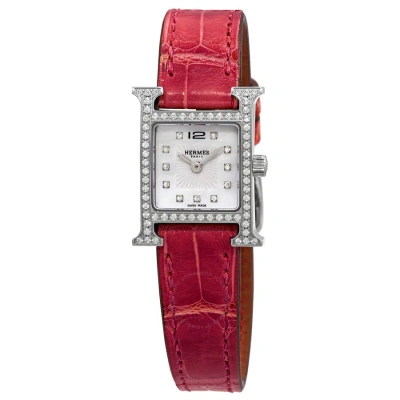 Pre-owned Hermes Heure H Quartz Diamond Mother Of Pearl Dial Ladies Watch 041653ww00 In Red   / Brown / Mop / Mother Of Pearl