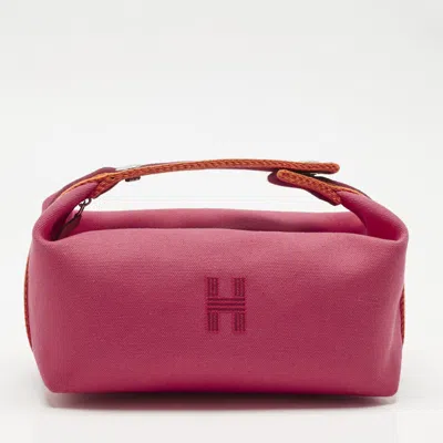 Pre-owned Hermes Hibiscus Canvas Small Bride-a-brac Pouch In Pink