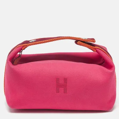 Pre-owned Hermes Hibiscus Canvas Small Bride-a-brac Pouch In Pink