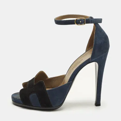 Pre-owned Hermes Highlight Size 37 Navy Blue/black Suede Ankle Strap Sandals