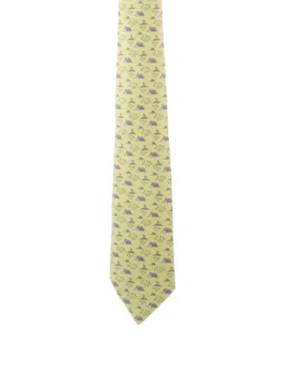 Pre-owned Hermes Hippo Pattern Silk Tie In Green